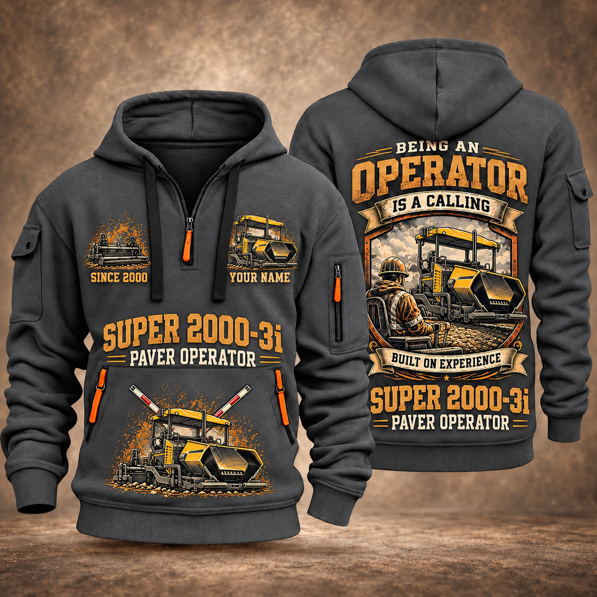 SUPER 2000-3i Asphalt Paver Operator quarter zip hoodie in Gray, front and back views, sample YOUR NAME and SINCE 2000 artwork