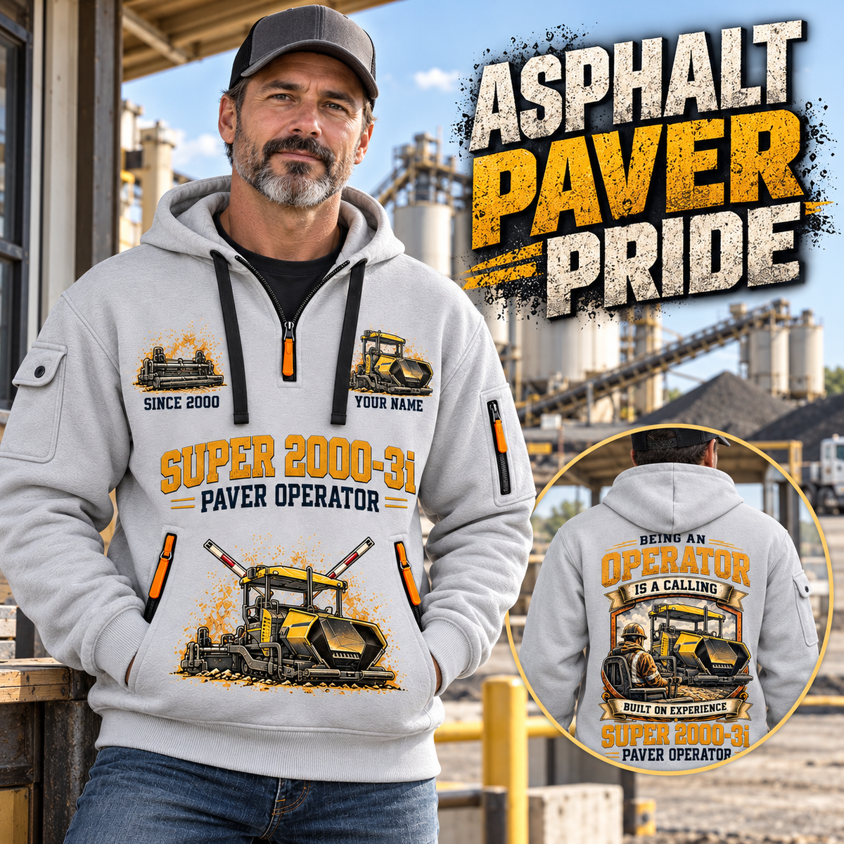 SUPER 2000-3i Asphalt Paver Operator quarter zip hoodie in Light Grey, adult lifestyle portrait showing front and back artwork