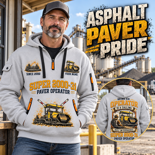 SUPER 2000-3i Asphalt Paver Operator quarter zip hoodie in Light Grey, adult lifestyle portrait showing front and back artwork