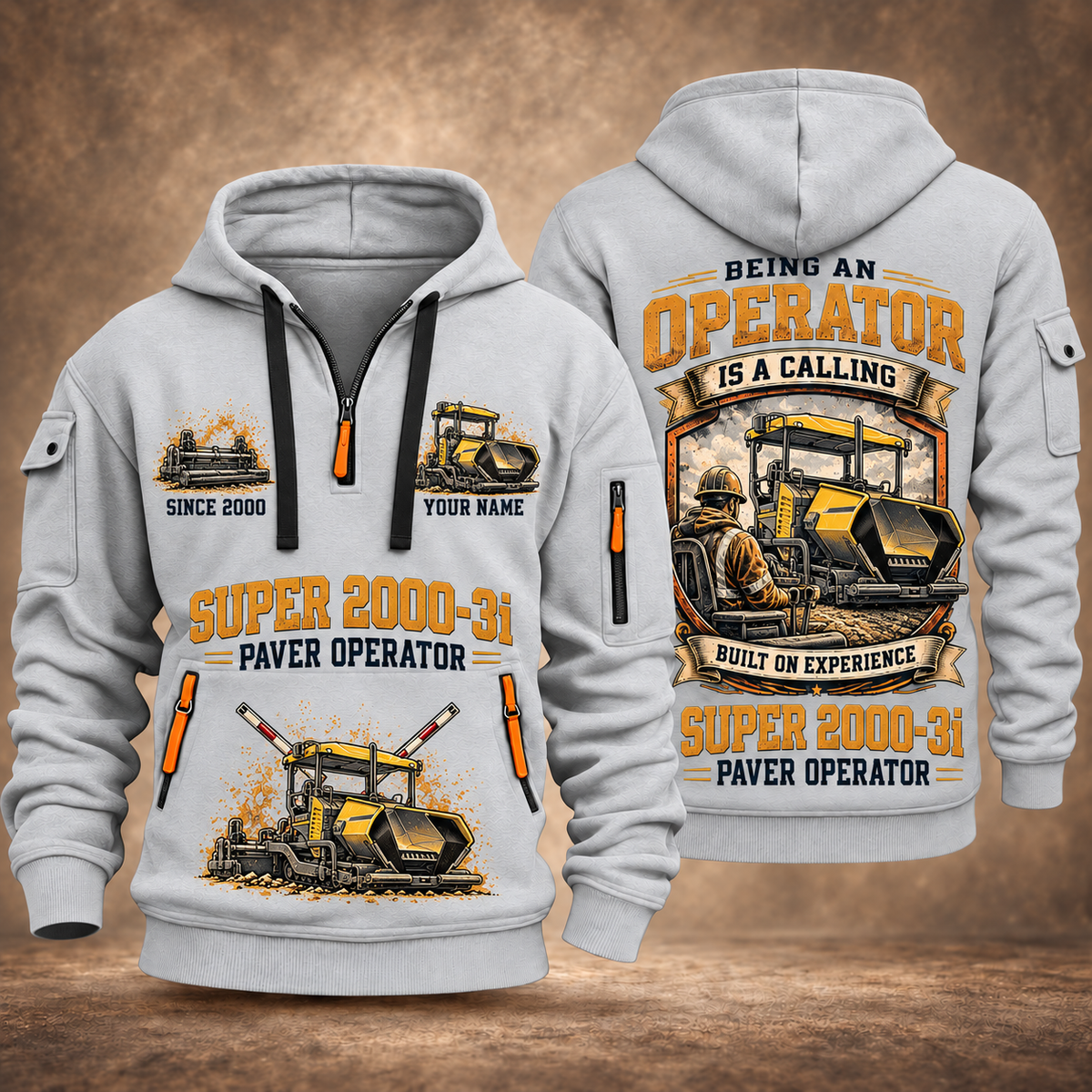 SUPER 2000-3i Asphalt Paver Operator quarter zip hoodie in Light Grey, front and back views, sample YOUR NAME and SINCE 2000 artwork