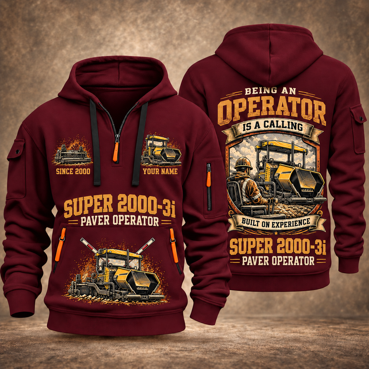 SUPER 2000-3i Asphalt Paver Operator quarter zip hoodie in Wine Red, front and back views, sample YOUR NAME and SINCE 2000 artwork