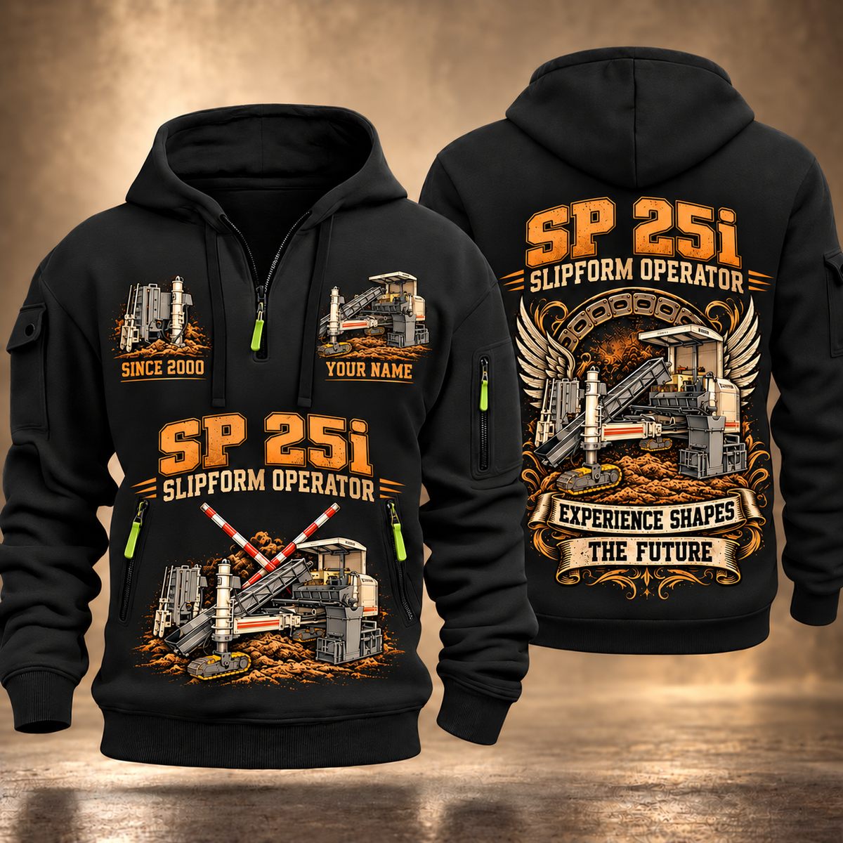SP 25i Concrete Slipform Paver Operator quarter zip hoodie in Black, front and back views, sample YOUR NAME and SINCE 2000 artwork