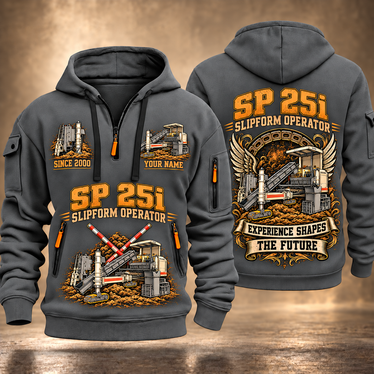 SP 25i Concrete Slipform Paver Operator quarter zip hoodie in Gray, front and back views, sample YOUR NAME and SINCE 2000 artwork
