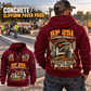 SP 25i Concrete Slipform Paver Operator quarter zip hoodie in Wine Red, adult lifestyle portrait showing front and back artwork