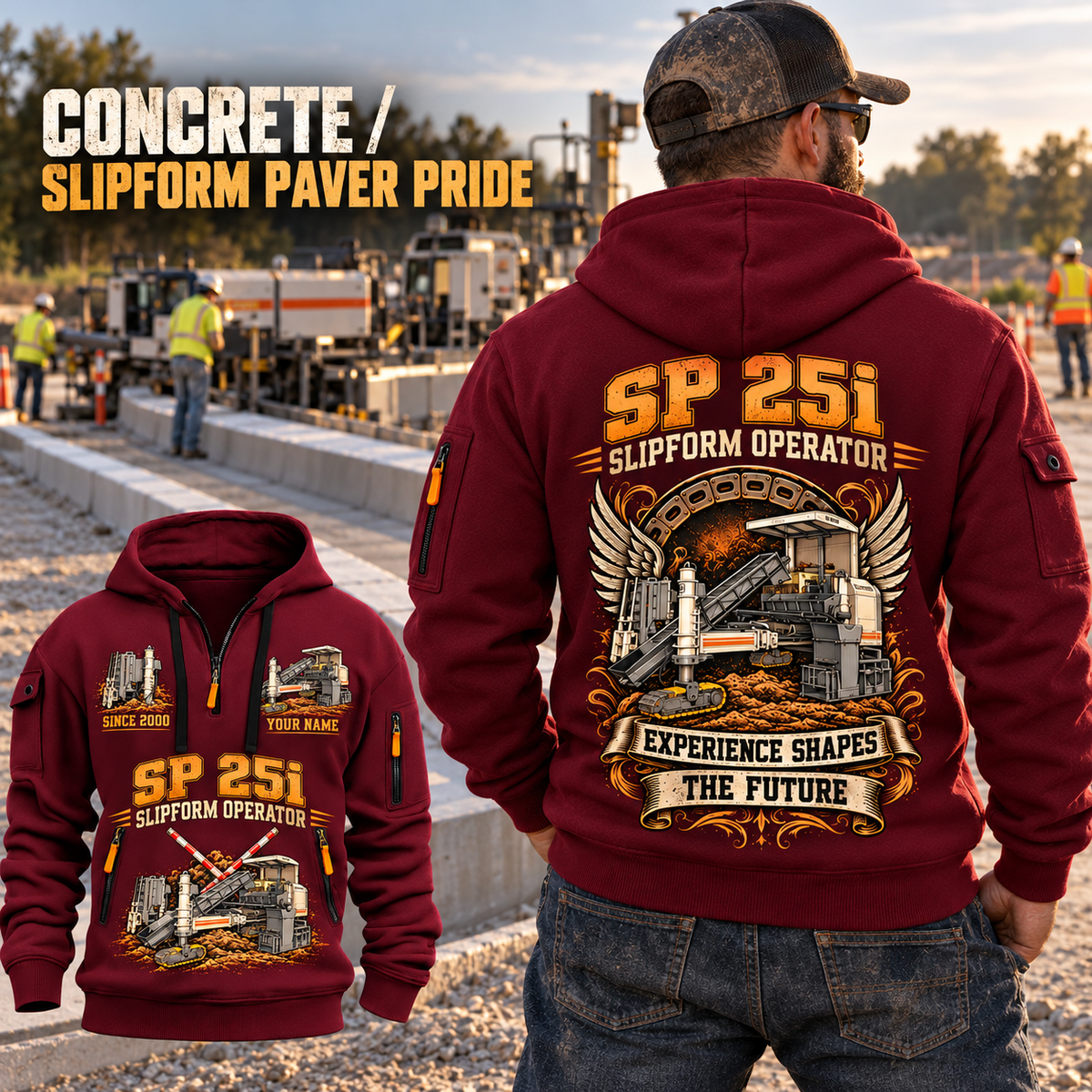SP 25i Concrete Slipform Paver Operator quarter zip hoodie in Wine Red, adult lifestyle portrait showing front and back artwork