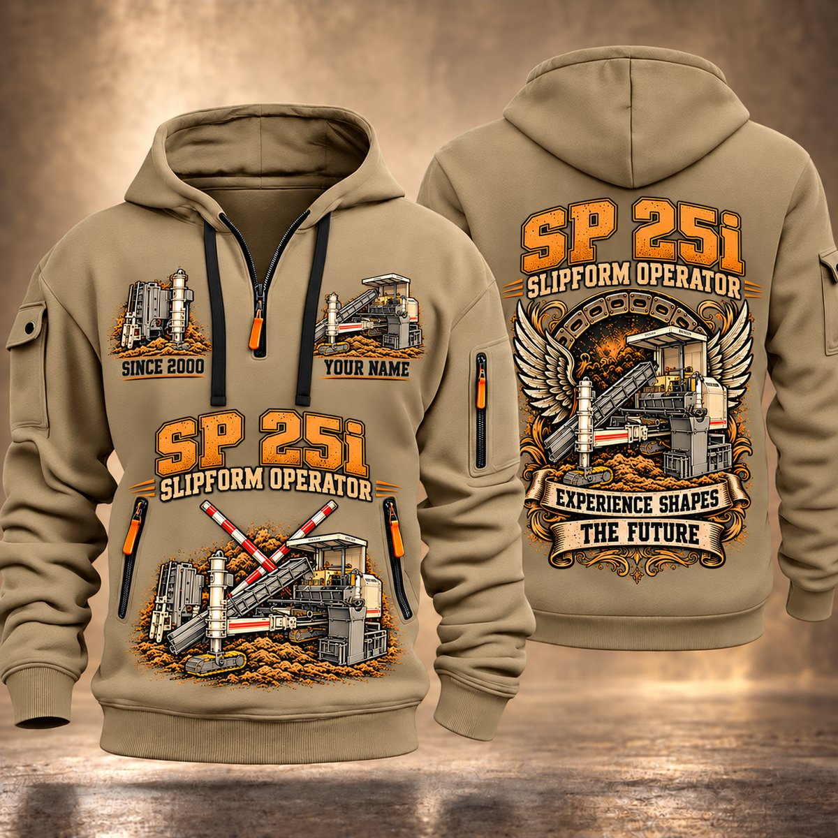 SP 25i Concrete Slipform Paver Operator quarter zip hoodie in Khaki, front and back views, sample YOUR NAME and SINCE 2000 artwork