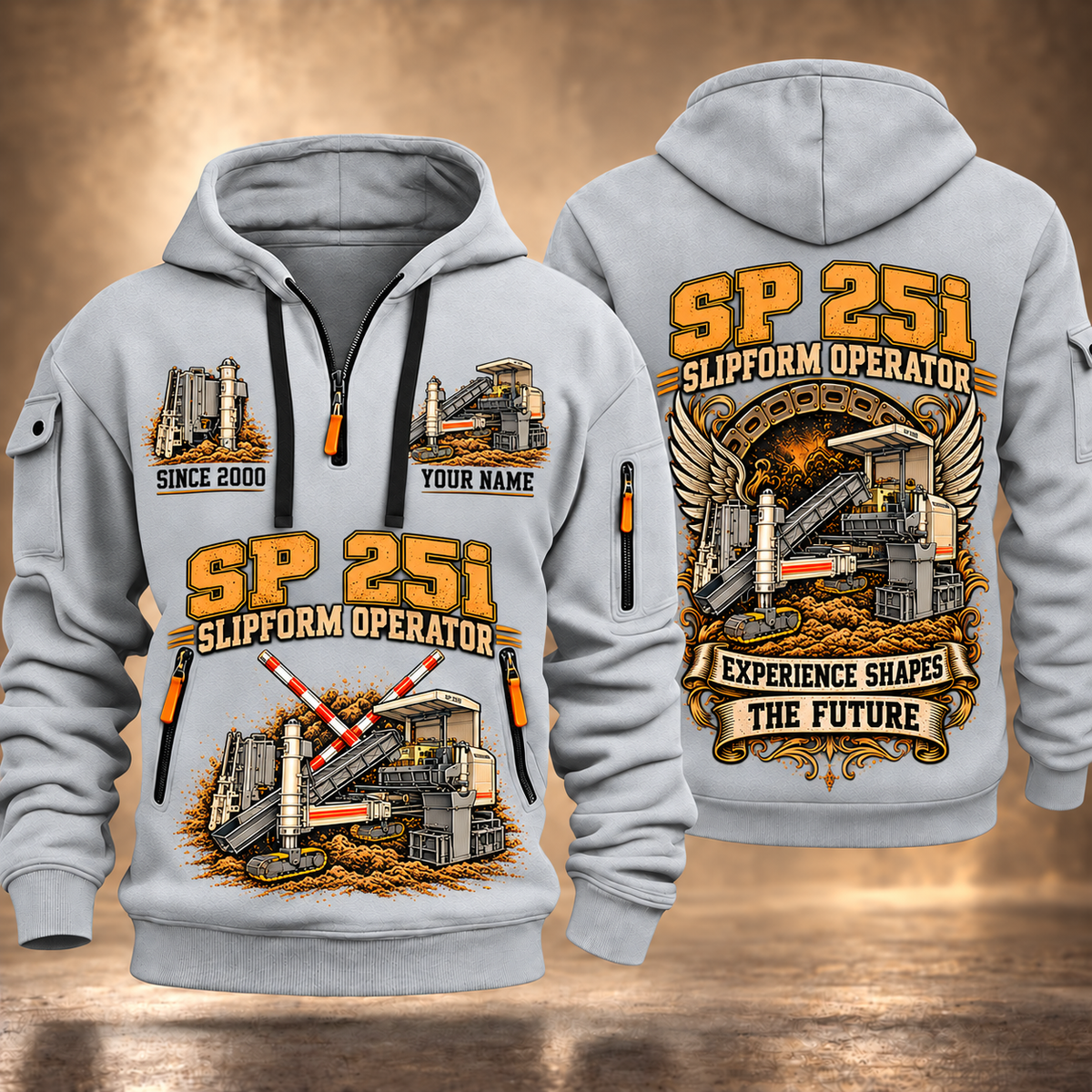SP 25i Concrete Slipform Paver Operator quarter zip hoodie in Light Grey, front and back views, sample YOUR NAME and SINCE 2000 artwork