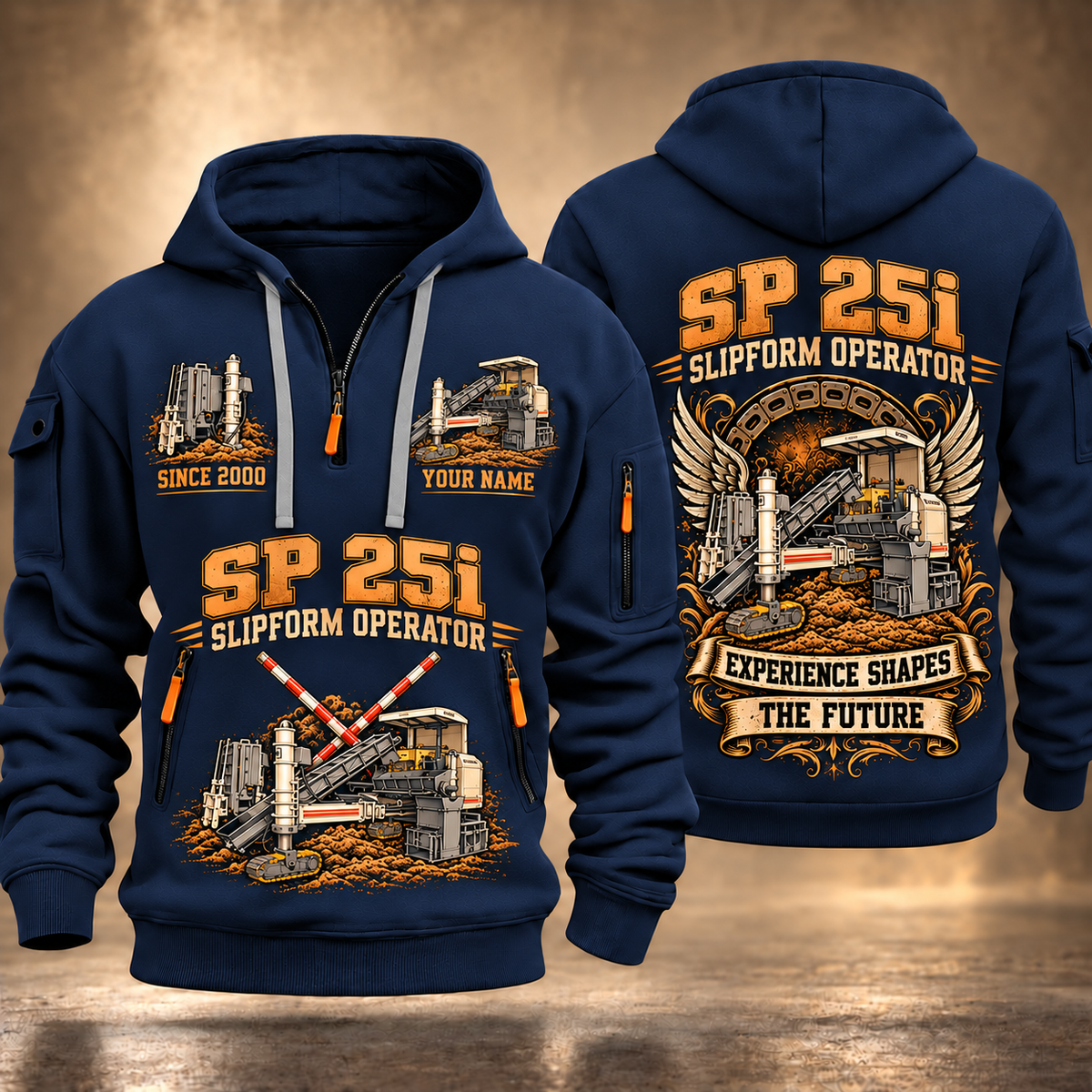 SP 25i Concrete Slipform Paver Operator quarter zip hoodie in Navy, front and back views, sample YOUR NAME and SINCE 2000 artwork