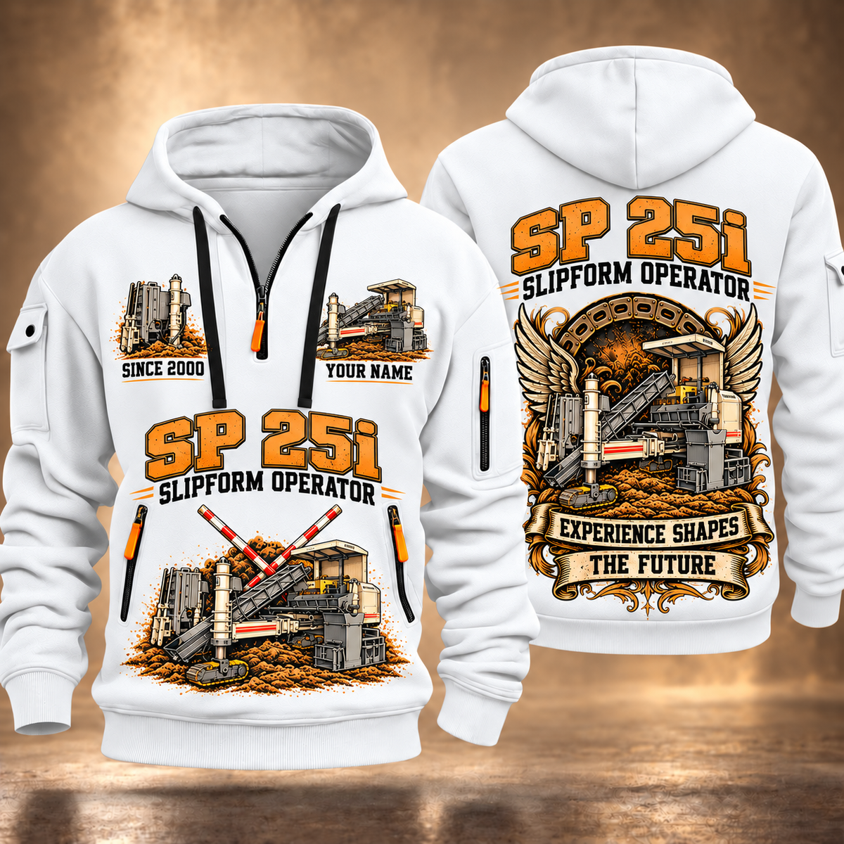 SP 25i Concrete Slipform Paver Operator quarter zip hoodie in White, front and back views, sample YOUR NAME and SINCE 2000 artwork