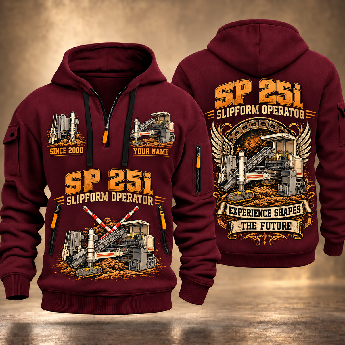 SP 25i Concrete Slipform Paver Operator quarter zip hoodie in Wine Red, front and back views, sample YOUR NAME and SINCE 2000 artwork