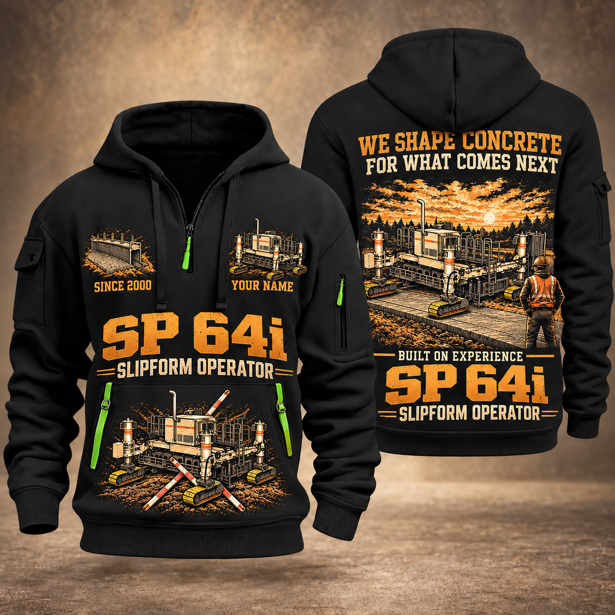 SP 64i Concrete Slipform Paver Operator quarter zip hoodie in Black, front and back views, sample YOUR NAME and SINCE 2000 artwork