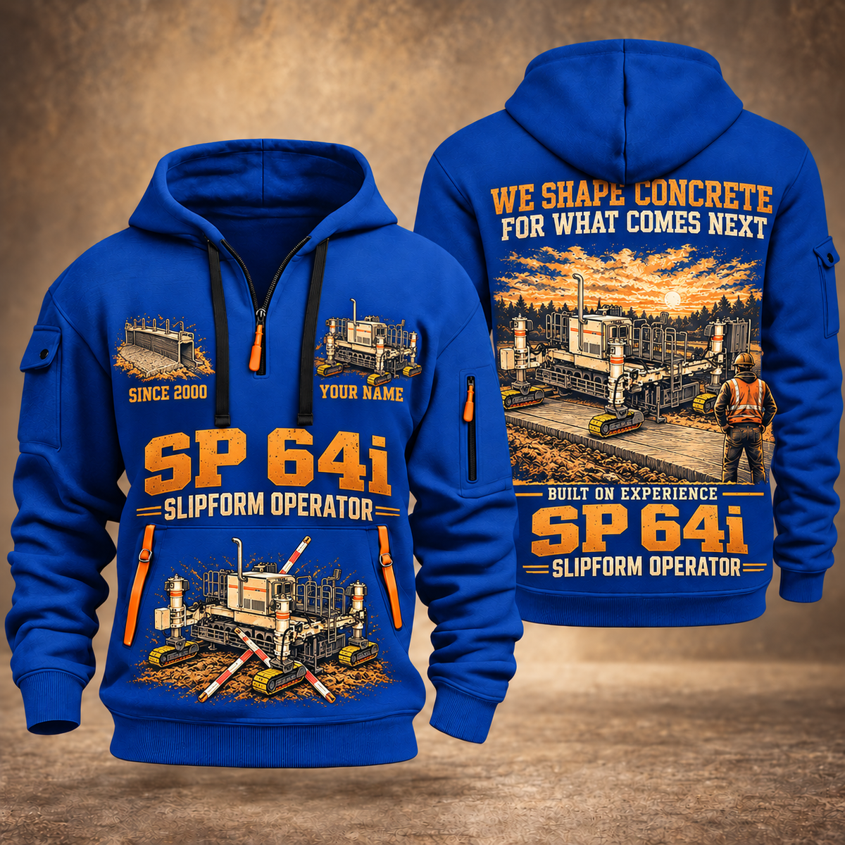SP 64i Concrete Slipform Paver Operator quarter zip hoodie in Blue, front and back views, sample YOUR NAME and SINCE 2000 artwork