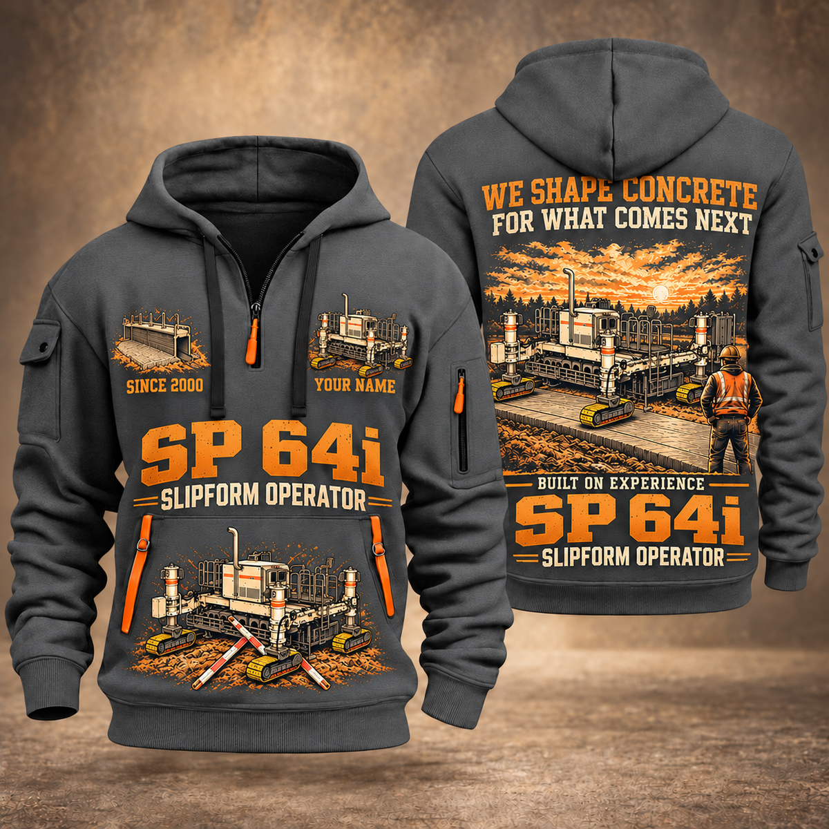SP 64i Concrete Slipform Paver Operator quarter zip hoodie in Gray, front and back views, sample YOUR NAME and SINCE 2000 artwork