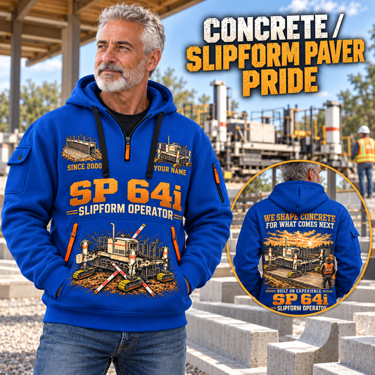 SP 64i Concrete Slipform Paver Operator quarter zip hoodie in Blue, adult lifestyle portrait showing front and back artwork