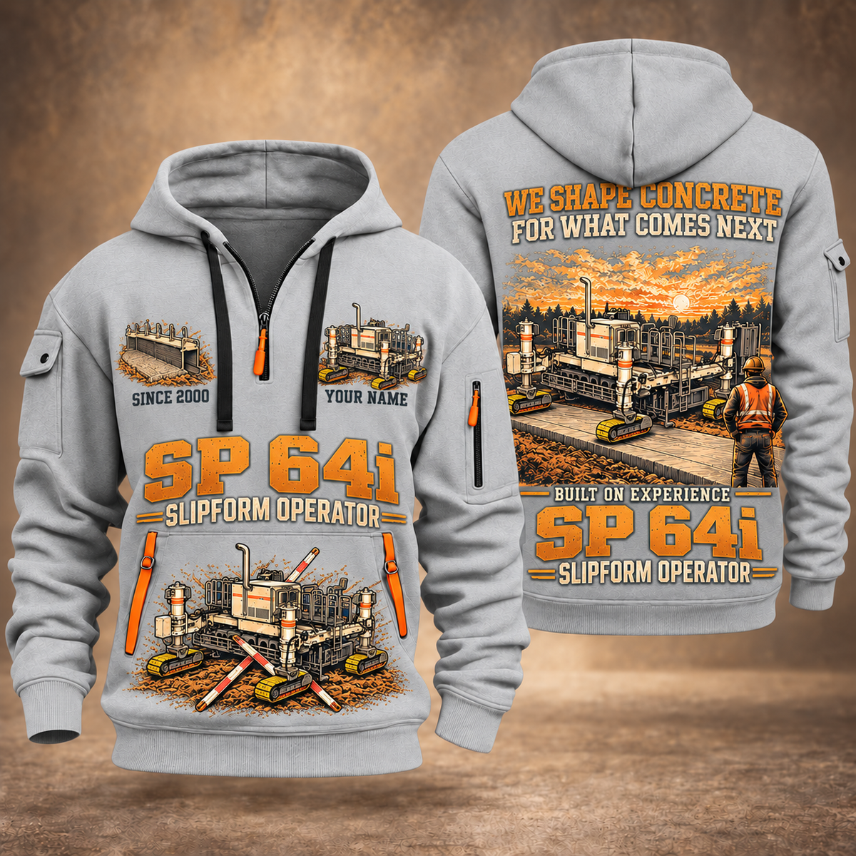 SP 64i Concrete Slipform Paver Operator quarter zip hoodie in Light Grey, front and back views, sample YOUR NAME and SINCE 2000 artwork