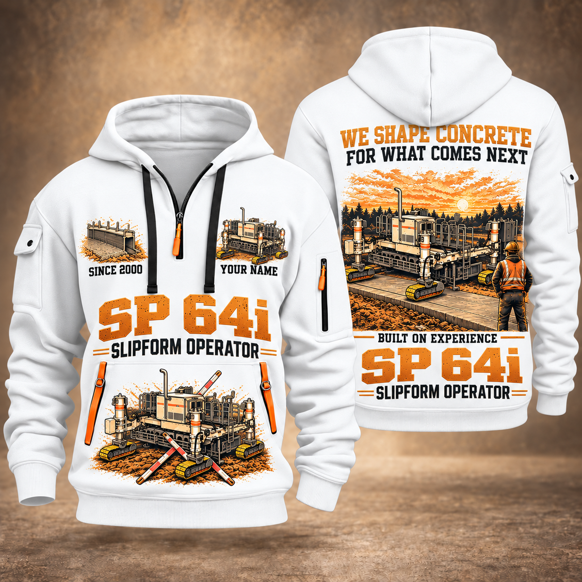 SP 64i Concrete Slipform Paver Operator quarter zip hoodie in White, front and back views, sample YOUR NAME and SINCE 2000 artwork