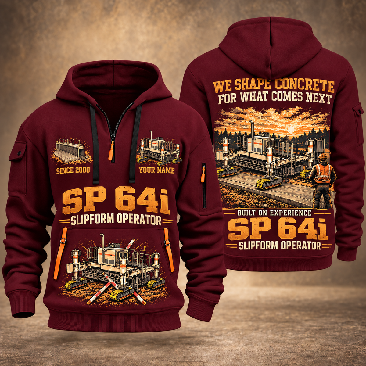 SP 64i Concrete Slipform Paver Operator quarter zip hoodie in Wine Red, front and back views, sample YOUR NAME and SINCE 2000 artwork