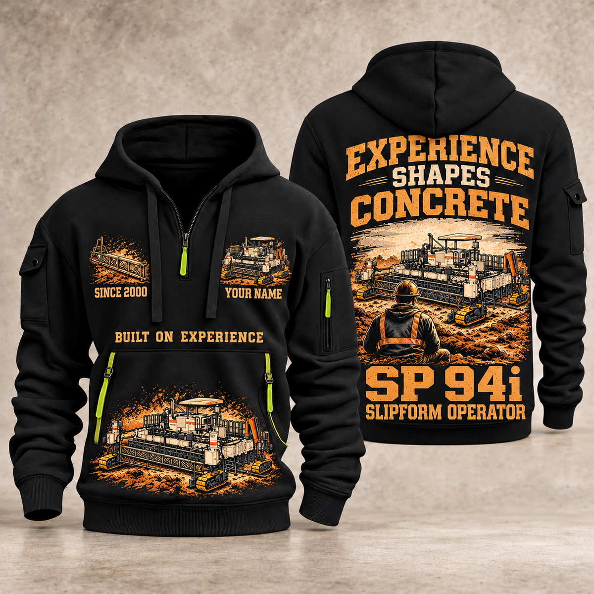 SP 94i Concrete Slipform Paver Operator quarter zip hoodie in Black, front and back views, sample YOUR NAME and SINCE 2000 artwork