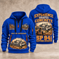 SP 94i Concrete Slipform Paver Operator quarter zip hoodie in Blue, front and back views, sample YOUR NAME and SINCE 2000 artwork
