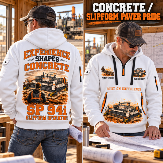 SP 94i Concrete Slipform Paver Operator quarter zip hoodie in White, adult lifestyle portrait showing front and back artwork