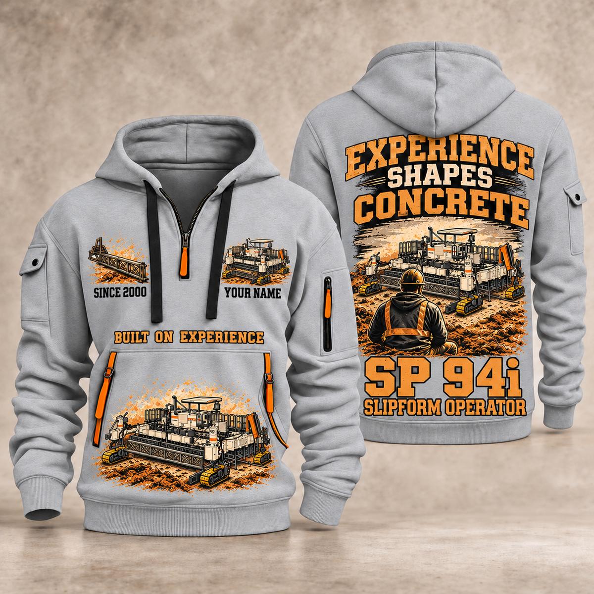 SP 94i Concrete Slipform Paver Operator quarter zip hoodie in Light Grey, front and back views, sample YOUR NAME and SINCE 2000 artwork