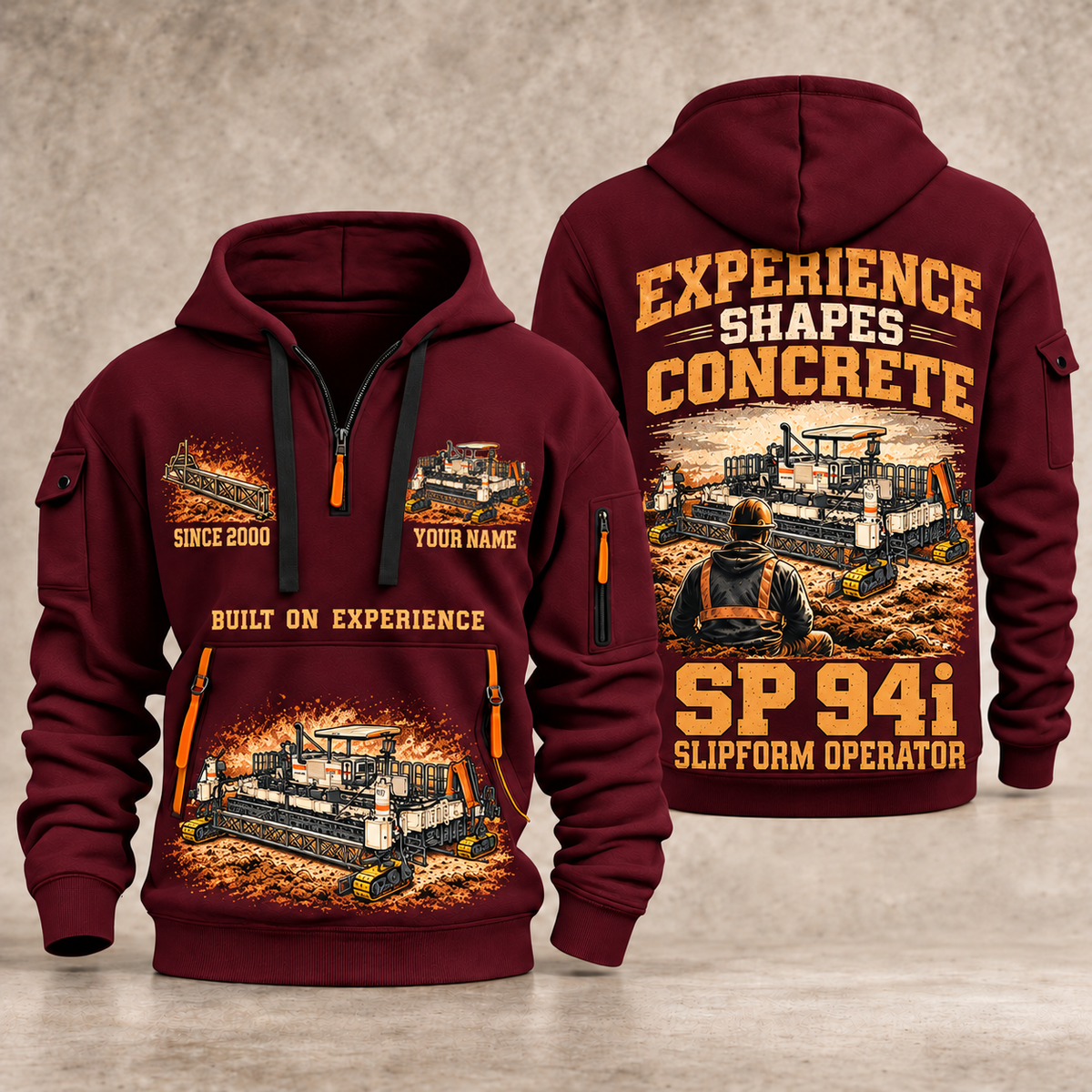 SP 94i Concrete Slipform Paver Operator quarter zip hoodie in Wine Red, front and back views, sample YOUR NAME and SINCE 2000 artwork