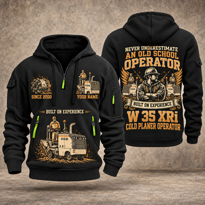 W 35 XRi Cold Planer Operator quarter zip hoodie in Black, front and back views, sample YOUR NAME and SINCE 2000 artwork