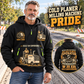 W 35 XRi Cold Planer Operator quarter zip hoodie in Black, adult lifestyle portrait showing front and back artwork