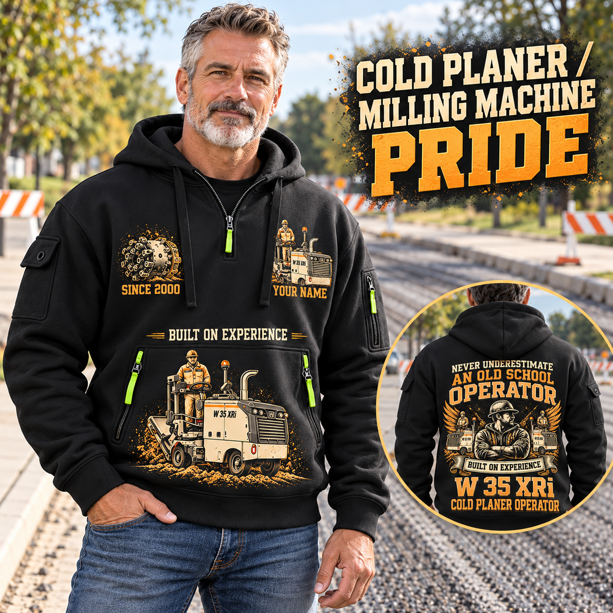 W 35 XRi Cold Planer Operator quarter zip hoodie in Black, adult lifestyle portrait showing front and back artwork