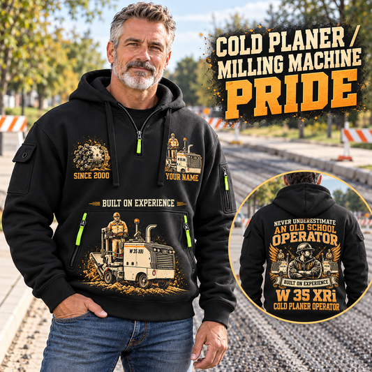 W 35 XRi Cold Planer Operator quarter zip hoodie in Black, adult lifestyle portrait showing front and back artwork