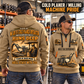W 120 Fi Cold Planer Operator quarter zip hoodie in Khaki, adult lifestyle portrait showing front and back artwork