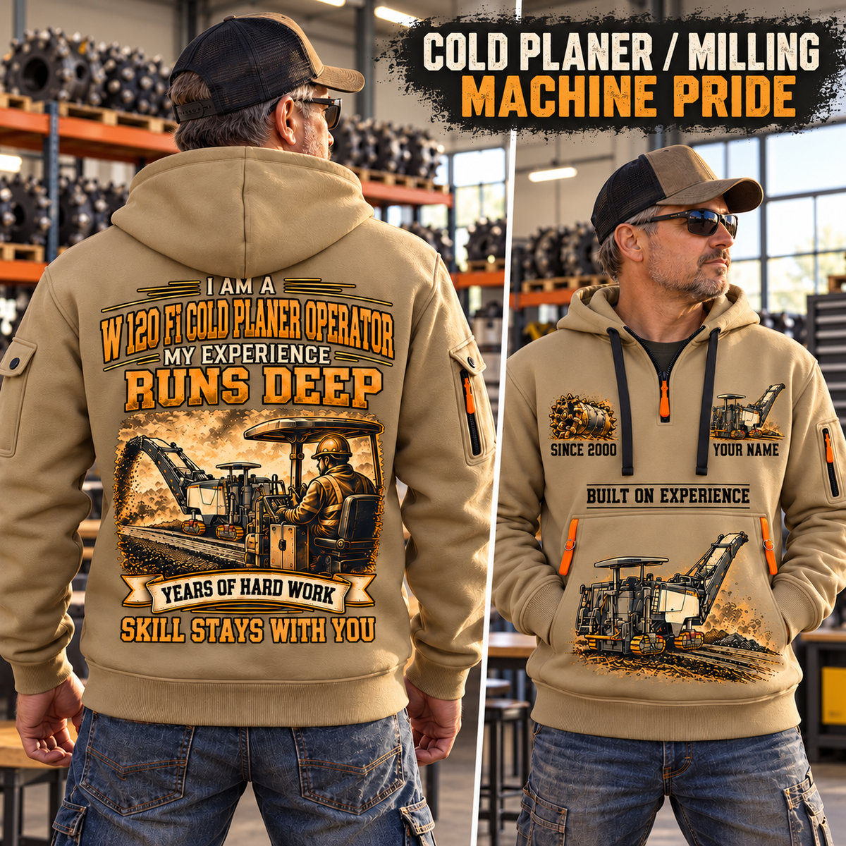 W 120 Fi Cold Planer Operator quarter zip hoodie in Khaki, adult lifestyle portrait showing front and back artwork