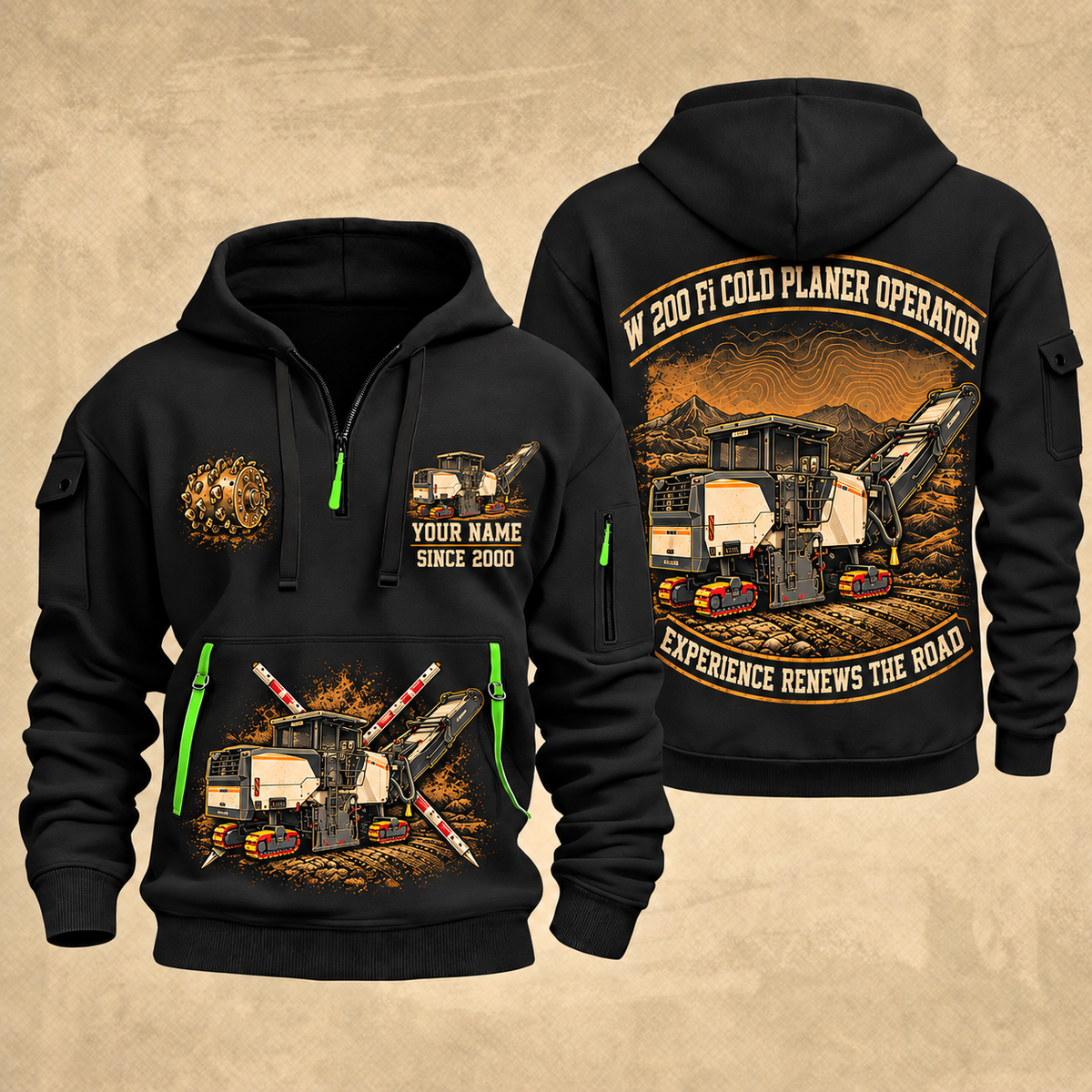 W 200 Fi Cold Planer Operator quarter zip hoodie in Black, front and back views, sample YOUR NAME and SINCE 2000 artwork