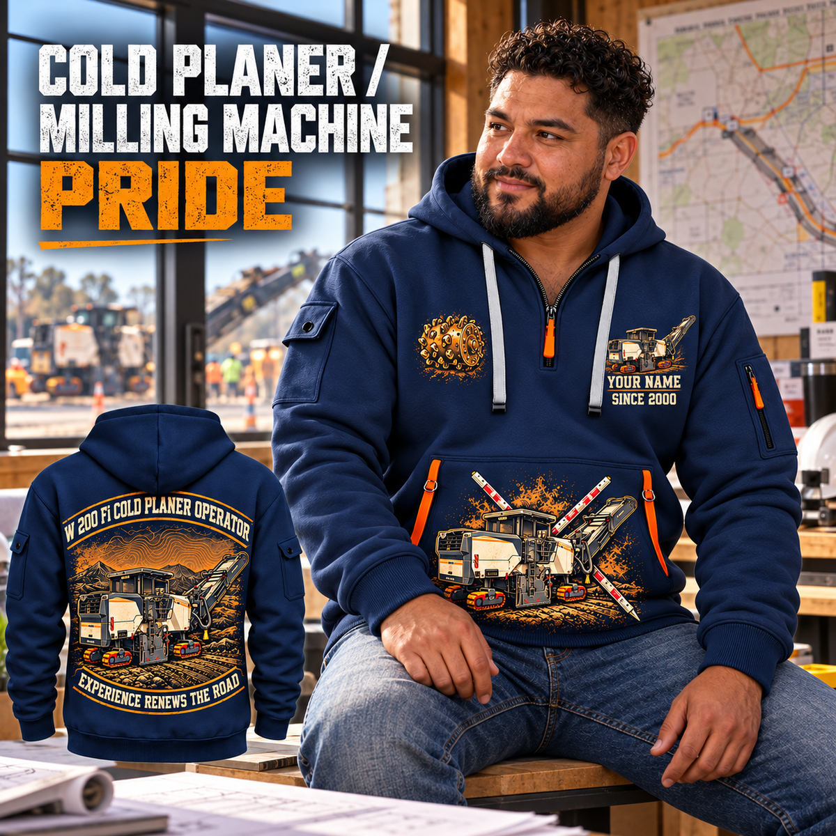 W 200 Fi Cold Planer Operator quarter zip hoodie in Navy, adult lifestyle portrait showing front and back artwork