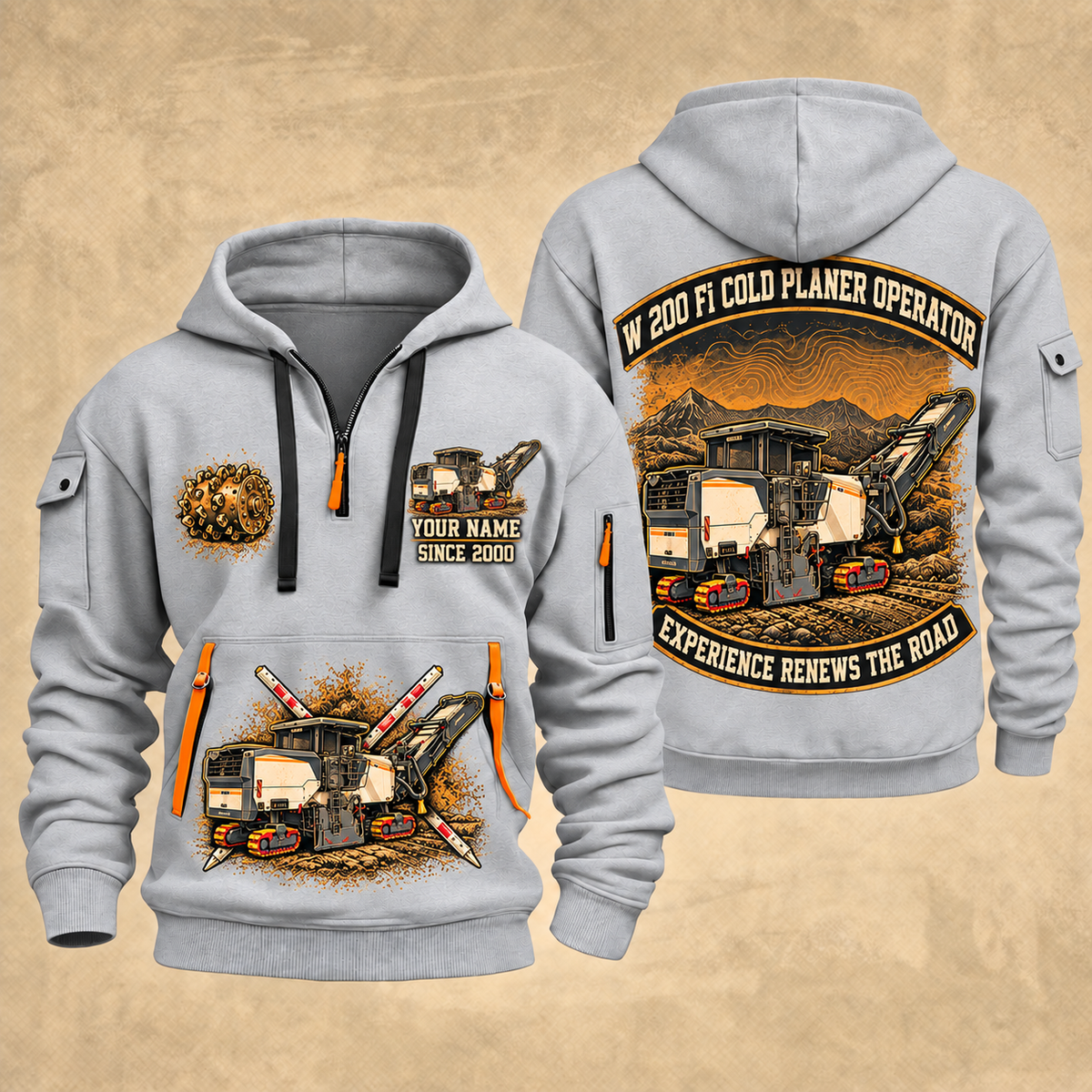 W 200 Fi Cold Planer Operator quarter zip hoodie in Light Grey, front and back views, sample YOUR NAME and SINCE 2000 artwork