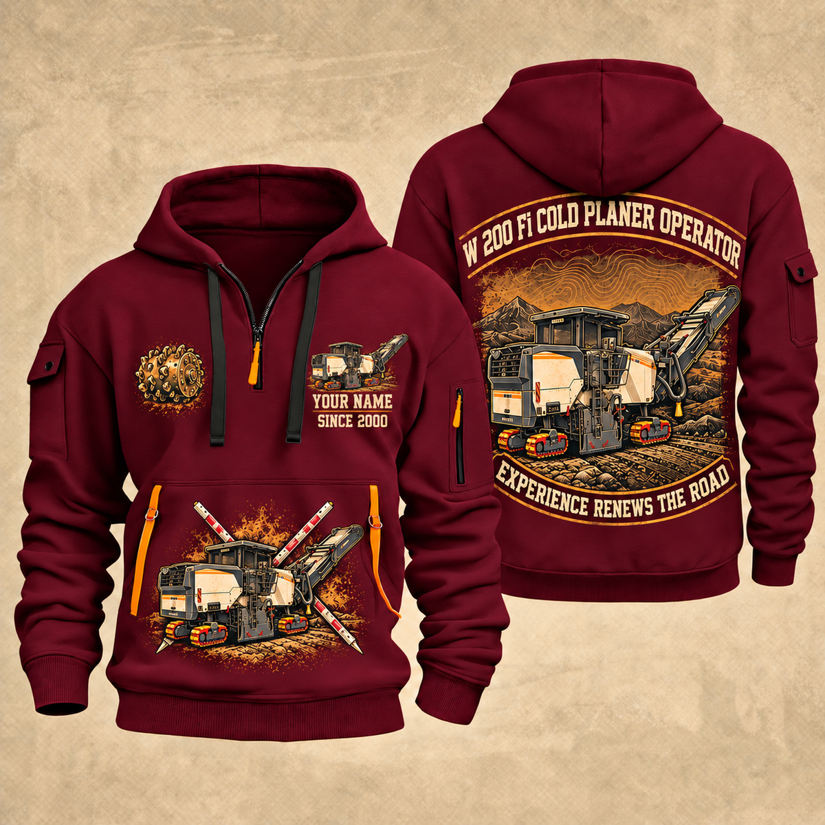 W 200 Fi Cold Planer Operator quarter zip hoodie in Wine Red, front and back views, sample YOUR NAME and SINCE 2000 artwork