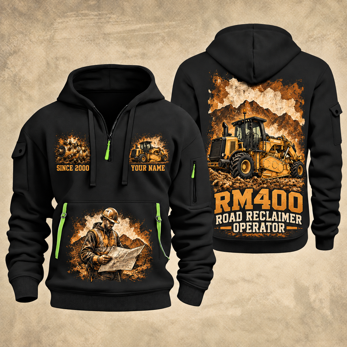 RM400 Road Reclaimer Operator quarter zip hoodie in Black, front and back views, sample YOUR NAME and SINCE 2000 artwork