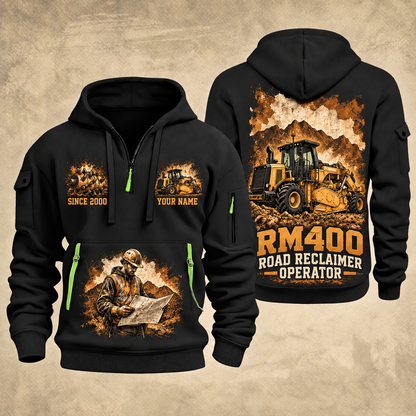 RM400 Road Reclaimer Operator quarter zip hoodie in Black, front and back views, sample YOUR NAME and SINCE 2000 artwork