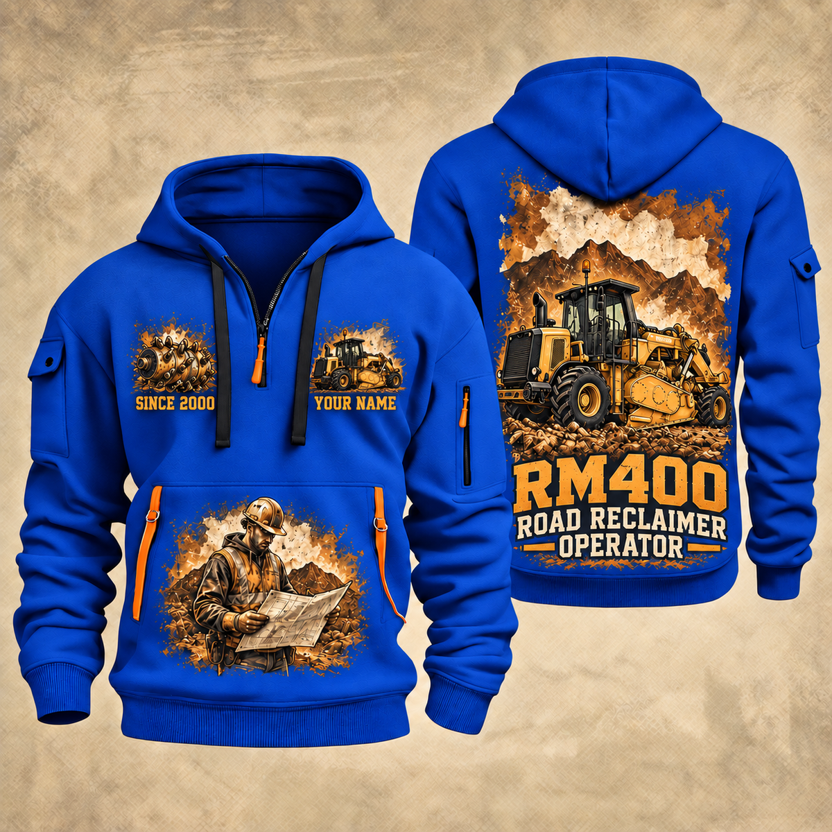 RM400 Road Reclaimer Operator quarter zip hoodie in Blue, front and back views, sample YOUR NAME and SINCE 2000 artwork