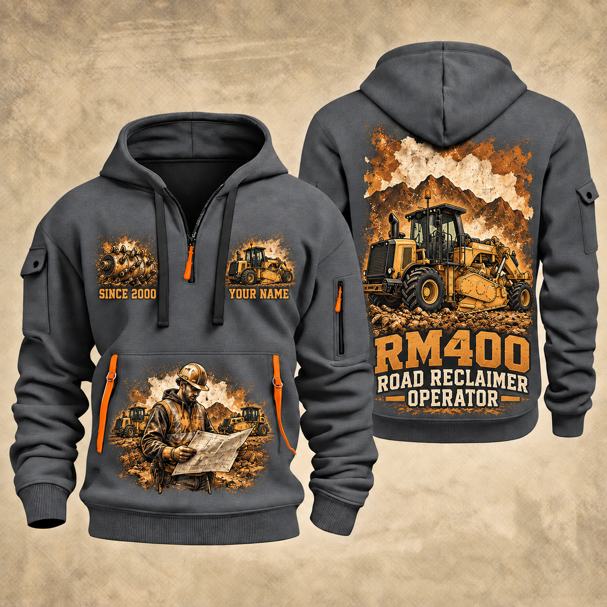 RM400 Road Reclaimer Operator quarter zip hoodie in Gray, front and back views, sample YOUR NAME and SINCE 2000 artwork