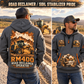 RM400 Road Reclaimer Operator quarter zip hoodie in Gray, adult lifestyle portrait showing front and back artwork