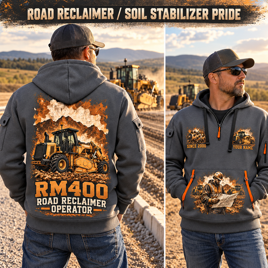 RM400 Road Reclaimer Operator quarter zip hoodie in Gray, adult lifestyle portrait showing front and back artwork