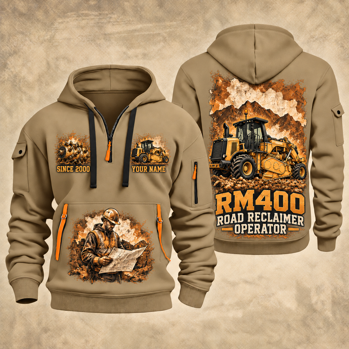 RM400 Road Reclaimer Operator quarter zip hoodie in Khaki, front and back views, sample YOUR NAME and SINCE 2000 artwork