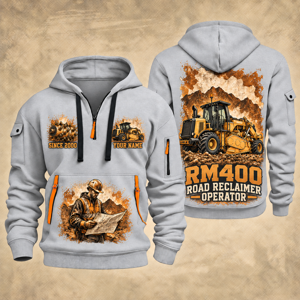 RM400 Road Reclaimer Operator quarter zip hoodie in Light Grey, front and back views, sample YOUR NAME and SINCE 2000 artwork
