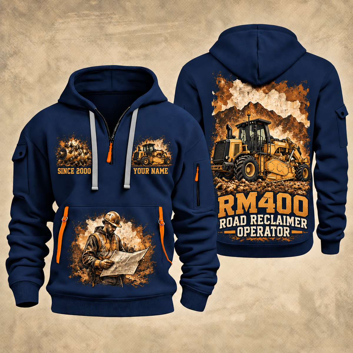 RM400 Road Reclaimer Operator quarter zip hoodie in Navy, front and back views, sample YOUR NAME and SINCE 2000 artwork