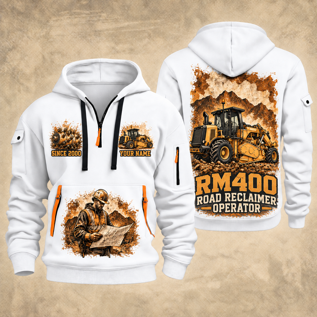 RM400 Road Reclaimer Operator quarter zip hoodie in White, front and back views, sample YOUR NAME and SINCE 2000 artwork