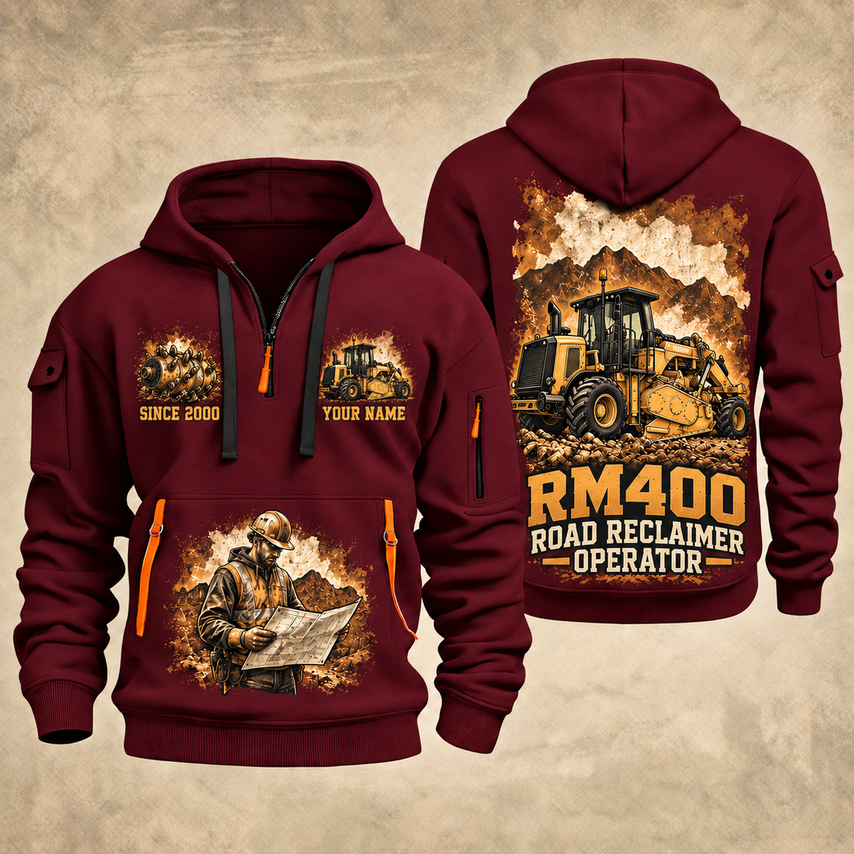 RM400 Road Reclaimer Operator quarter zip hoodie in Wine Red, front and back views, sample YOUR NAME and SINCE 2000 artwork