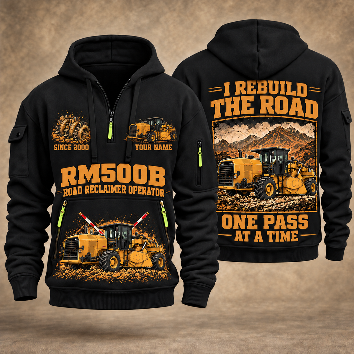 RM500B Road Reclaimer Operator quarter zip hoodie in Black, front and back views, sample YOUR NAME and SINCE 2000 artwork