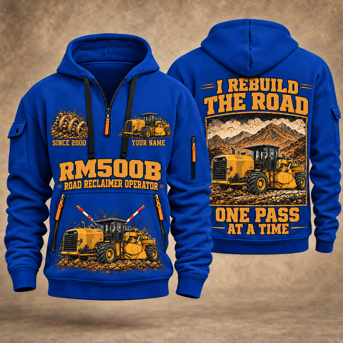 RM500B Road Reclaimer Operator quarter zip hoodie in Blue, front and back views, sample YOUR NAME and SINCE 2000 artwork