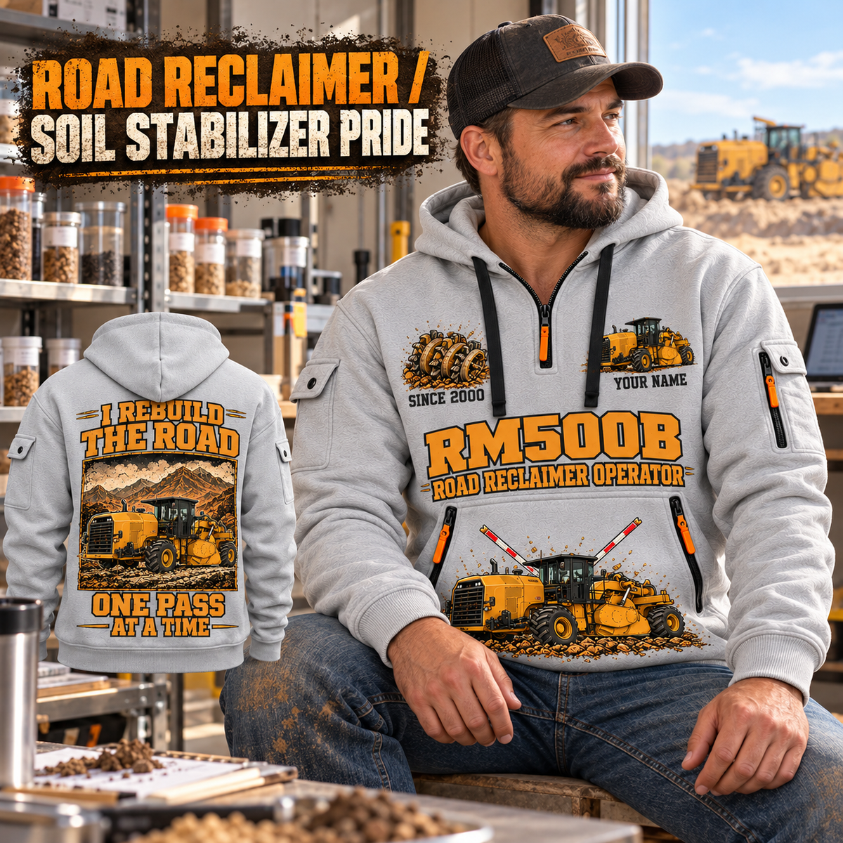 RM500B Road Reclaimer Operator quarter zip hoodie in Light Grey, adult lifestyle portrait showing front and back artwork
